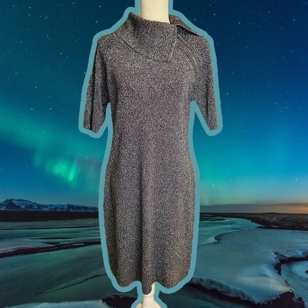 NWOT Calvin Klein Gray / Metallic Silver Cowl Neck Zipper Detailed Sweater Dress